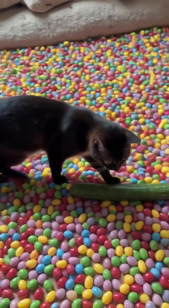 A cat walks across a floor made of hard candy. A cucumber rolls into frame. The cat steps…