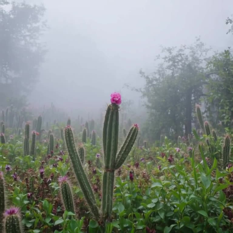 Tiny greenhouse, foggy morning. A cactus wearing a tiny scarf blooms rapidly, petals unfo…
