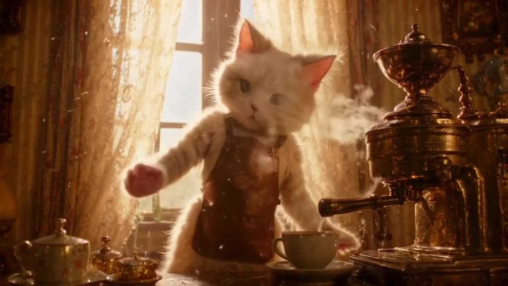 Fluffy ragdoll cat wearing a tiny leather apron stands behind a brass espresso machine in…
