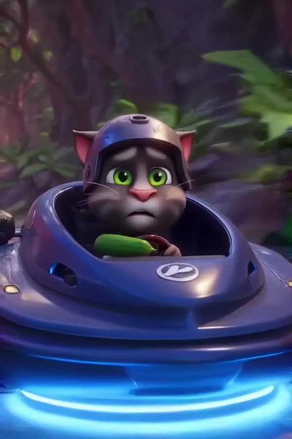 A black cat wearing a tiny racing helmet sits inside a go-kock cockpit. As the engine roa…