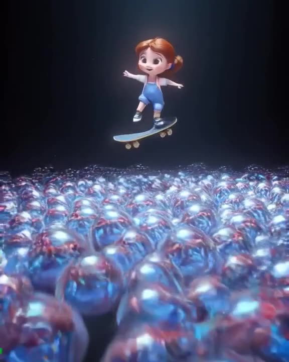 A skateboarder lands a jump in slow motion as giant marbles roll across the ground, bounc…