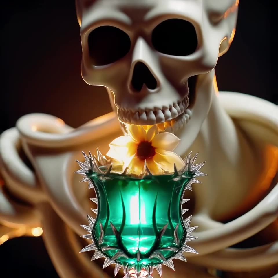 Macro shot of a sugar skull sipping an emerald-green elixir from a thorned glass. Golden …