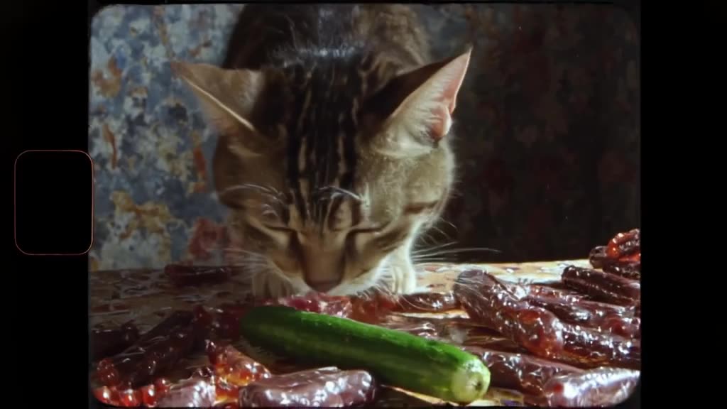 A cat jumps onto a table covered in wrapped chocolates. A cucumber lies among them. The c…