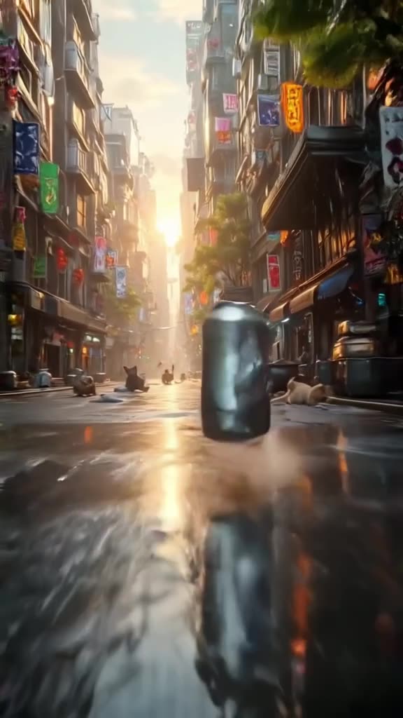 A glowing neon soda can rolls down a wet Tokyo alley, dodging puddles with parkour-like a…