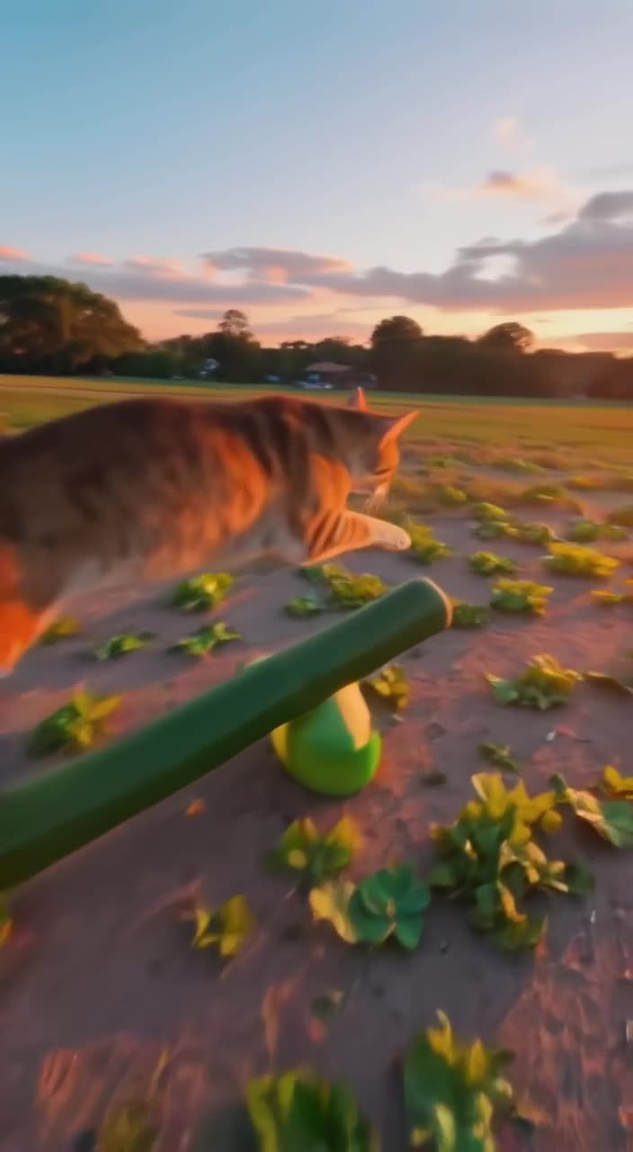 A Siamese cat leaps over a cucumber barrier with athletic grace, landing next to a gourme…