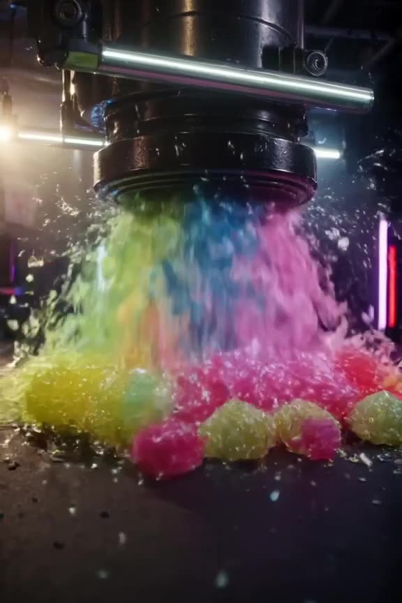 Rows of colorful hydraulic press crystals are crushed in perfect rhythm with a high-energ…