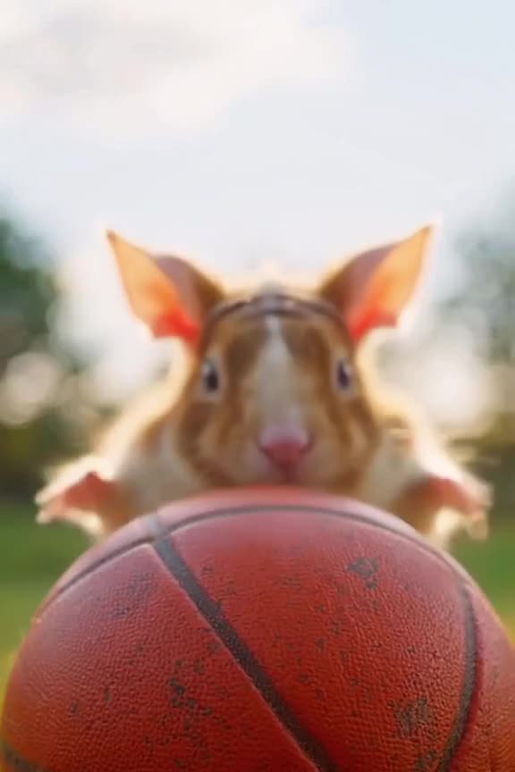 A guinea pig wearing a tiny headband peeks from behind a basketball. It jumps up, missing…
