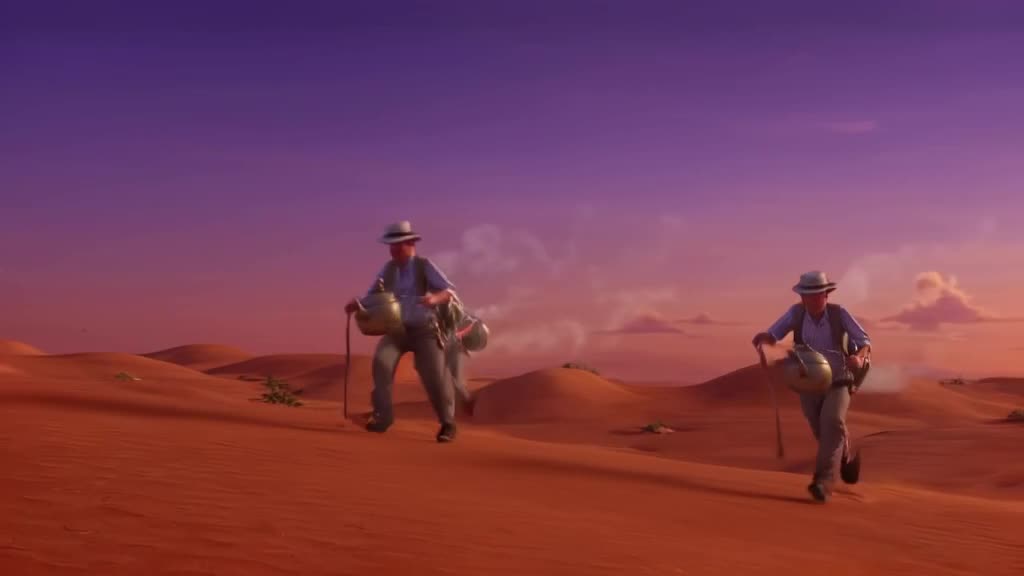 A grandpa with a cane rockets across the dunes using a jetpack made of vintage teapots. S…