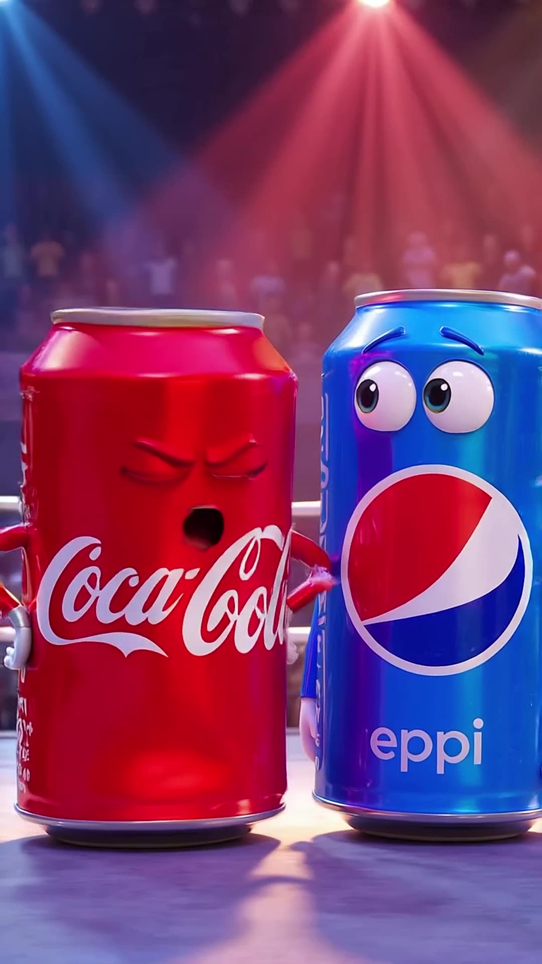 Under dramatic arena lights, a confident Coca-Cola can declares 'No way!' before wrestlin…
