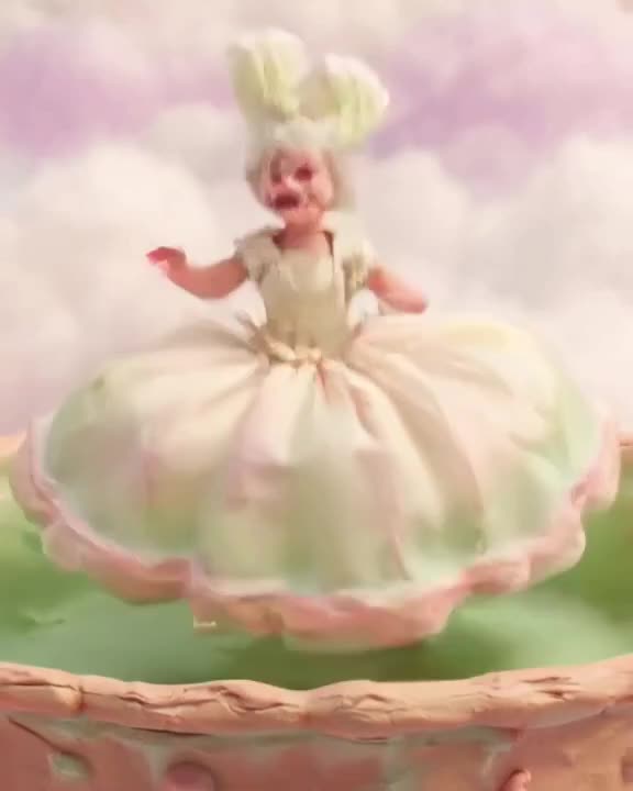 A grandma in a ballgown bungee jumps from a giant floating tea cup in a pastel cloudscape…