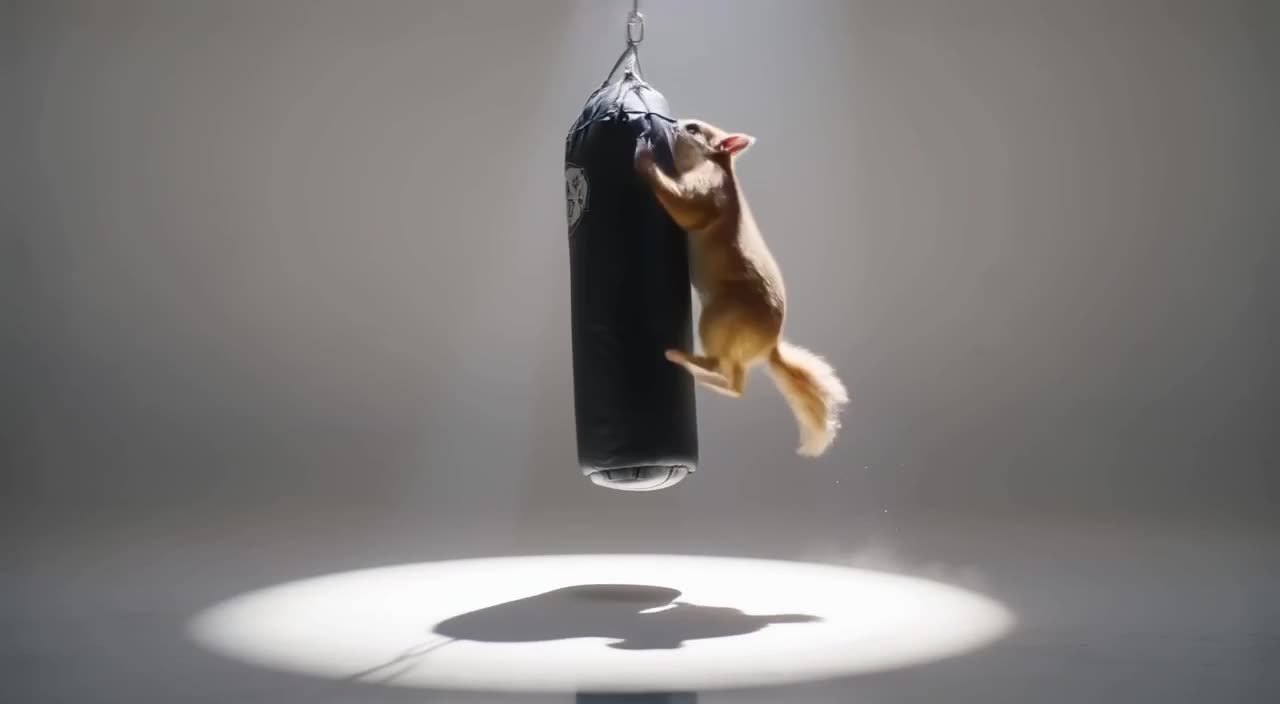 A chinchilla jumps onto a punching bag, causing it to swing wildly. Dust particles float …