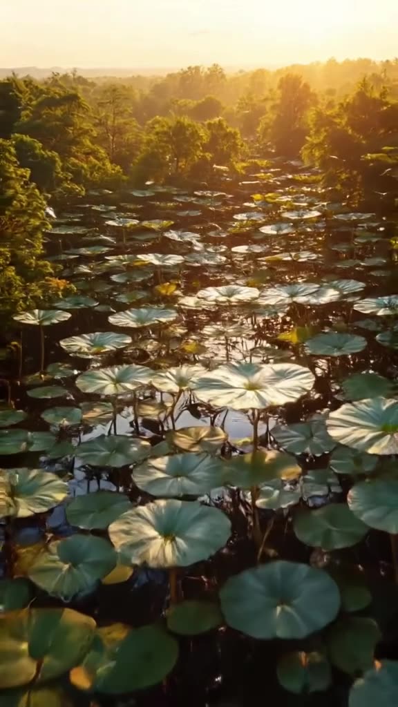 A drone shot sweeps over a forest of giant, floating lily pads made of stained glass. Sun…