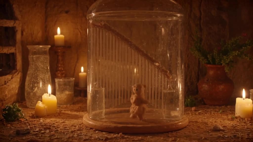A tiny musician plays a glass harp made of giant wine bottles. Each note causes the liqui…