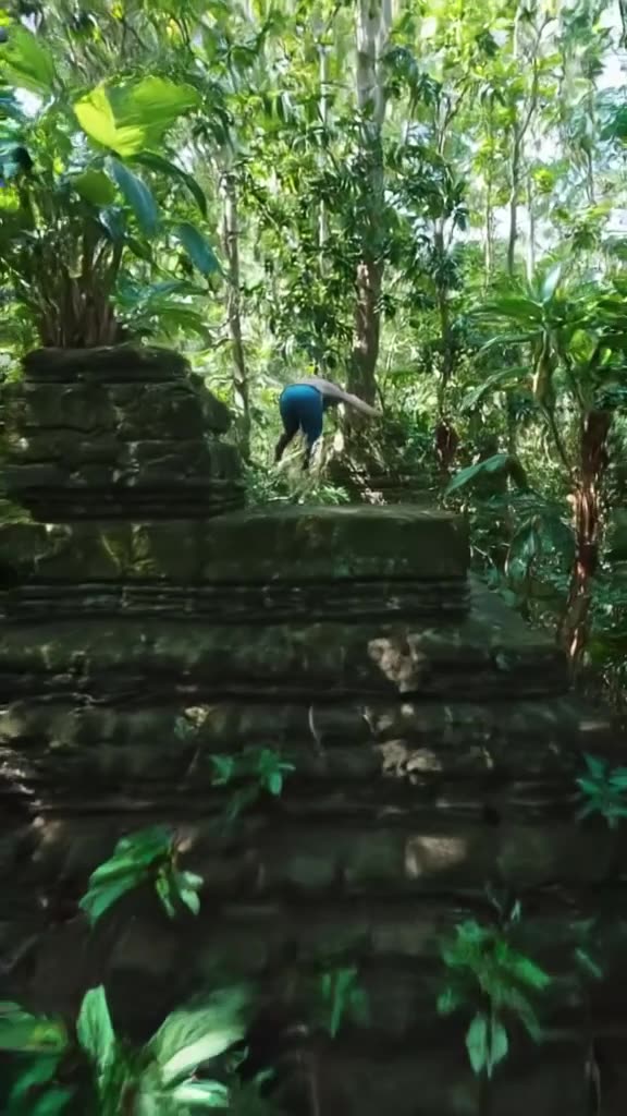 An old man in cool shades parkour-flips off a concrete ledge in a lush jungle temple. Mos…
