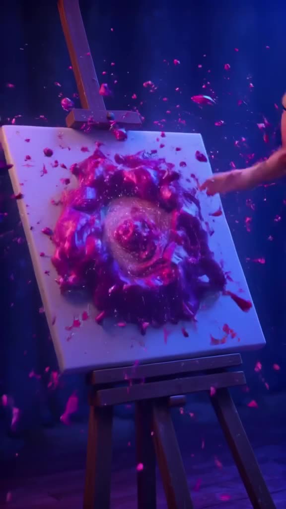 A blank canvas on an easel splashes with vivid acrylic paint that forms a 3D sculpture of…