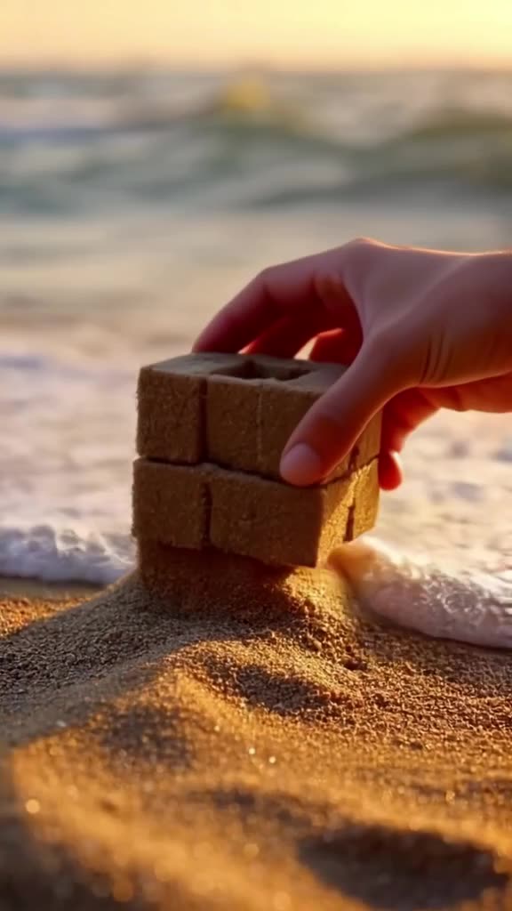 Pixel art beach scene with waves crashing gently. A sandcastle is being built. The final …