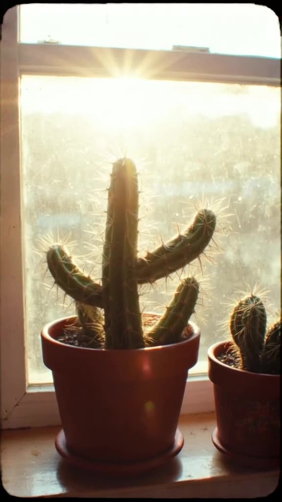 A lonely potted cactus on a windowsill suddenly stretches its spines like arms to catch a…