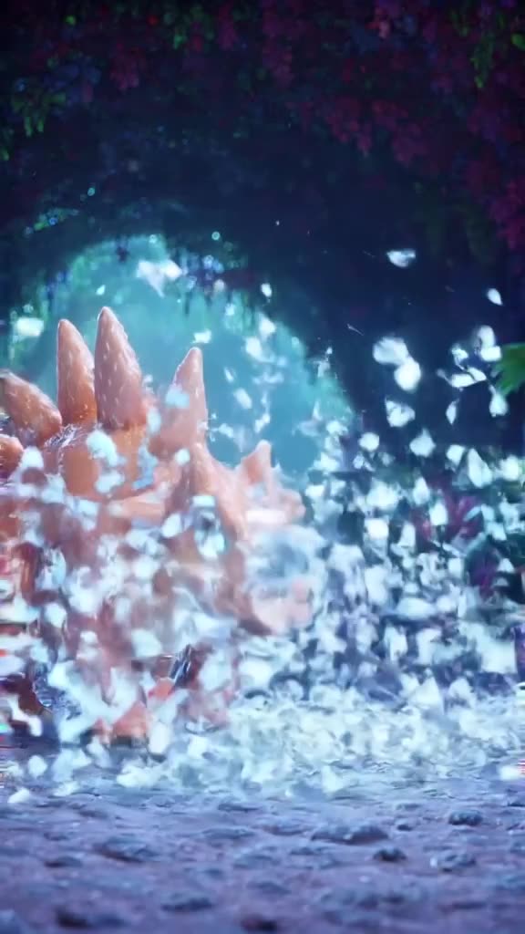 A tiny Stegosaurus hatches from a sparkling crystal egg in a bioluminescent cave. The she…