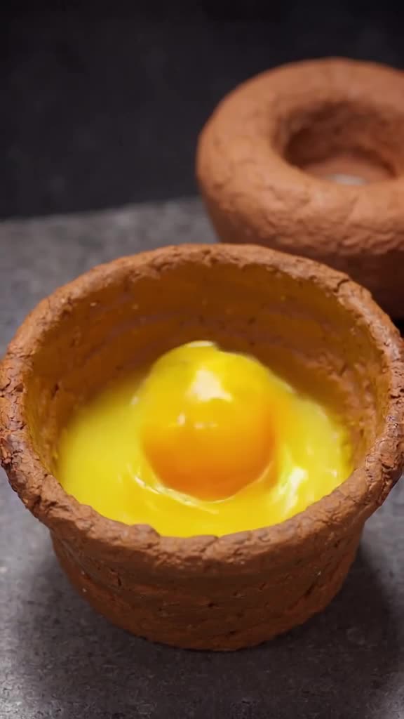 Close-up of a miniature chef cracking an egg the size of a swimming pool. The yolk jiggle…
