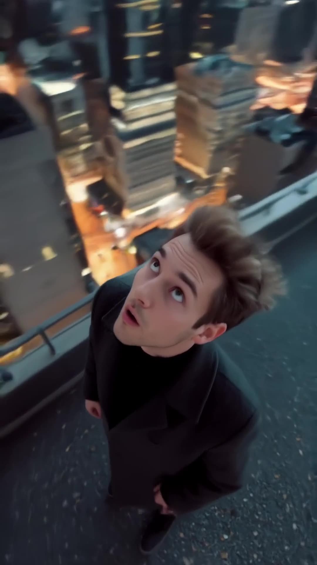 A person stands on the roof of a tall building in a metropolis. The camera shows the pers…
