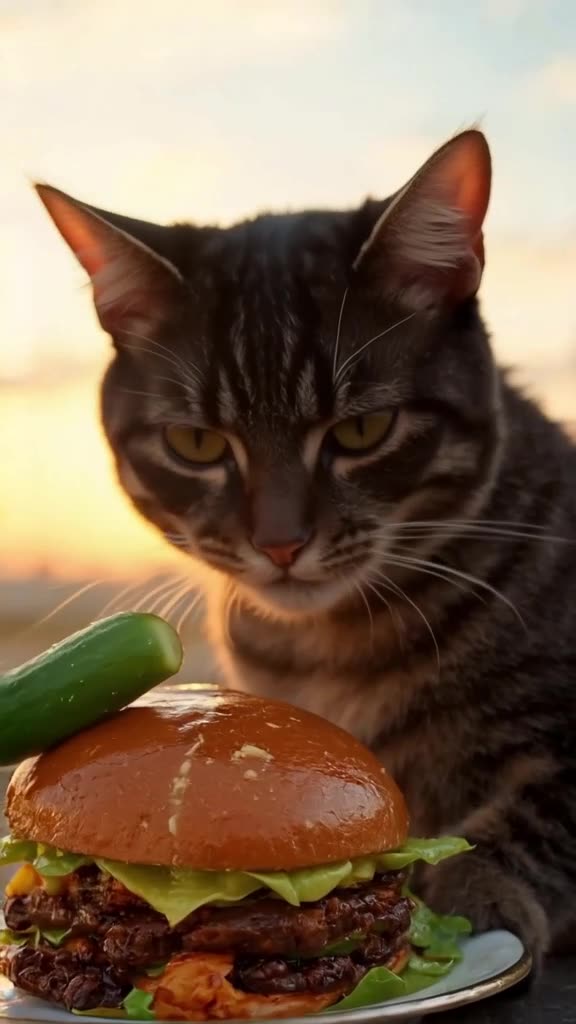 Cat looks over its shoulder at a cucumber with disdain. Golden hour glow makes the burger…