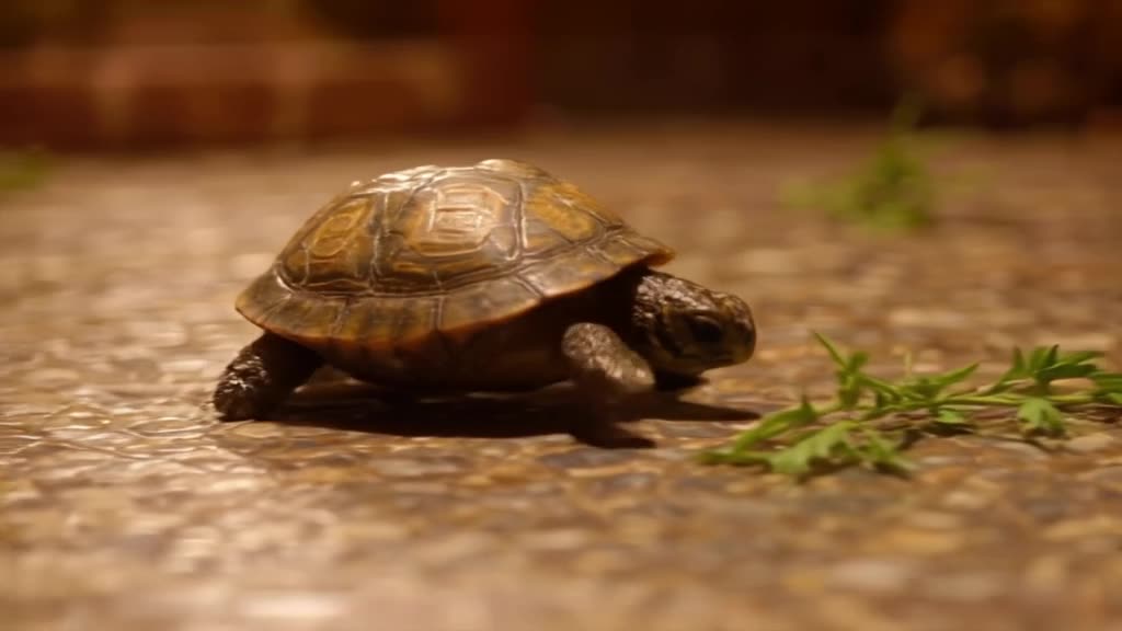 A tiny turtle with a shell painted like a Roman shield crawls slowly across a mosaic floo…