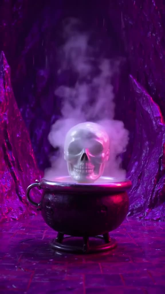 A witch’s bubbling cauldron in a dark, purple-lit cave. Steam rises in the shape of a sku…