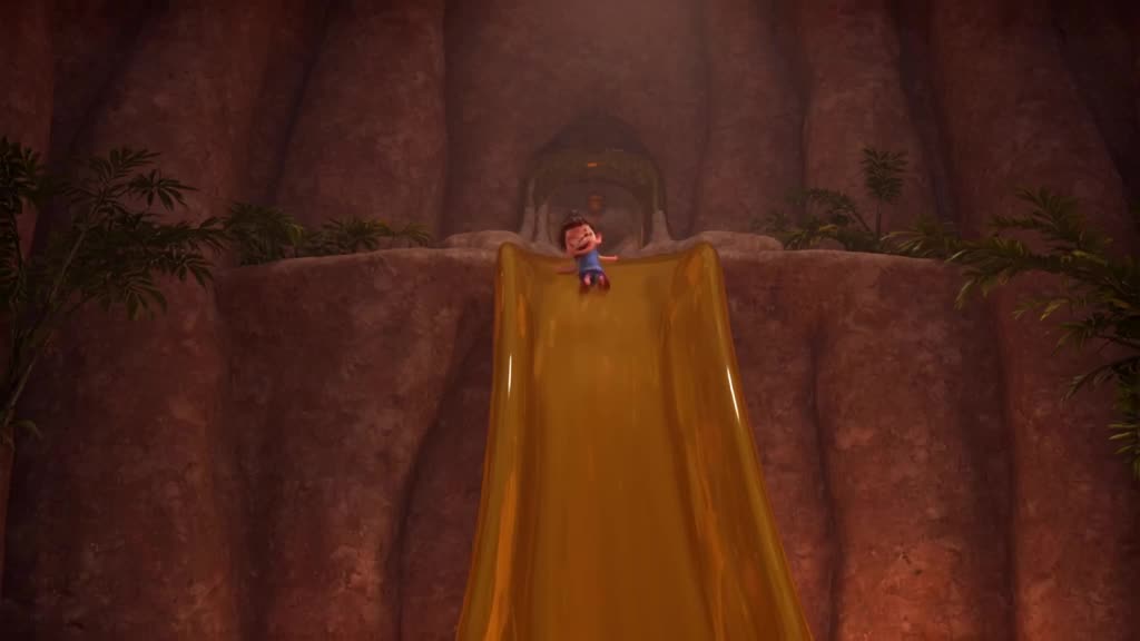 A tiny person slides down a giant, smooth glass slide made from melted candy. They laugh …