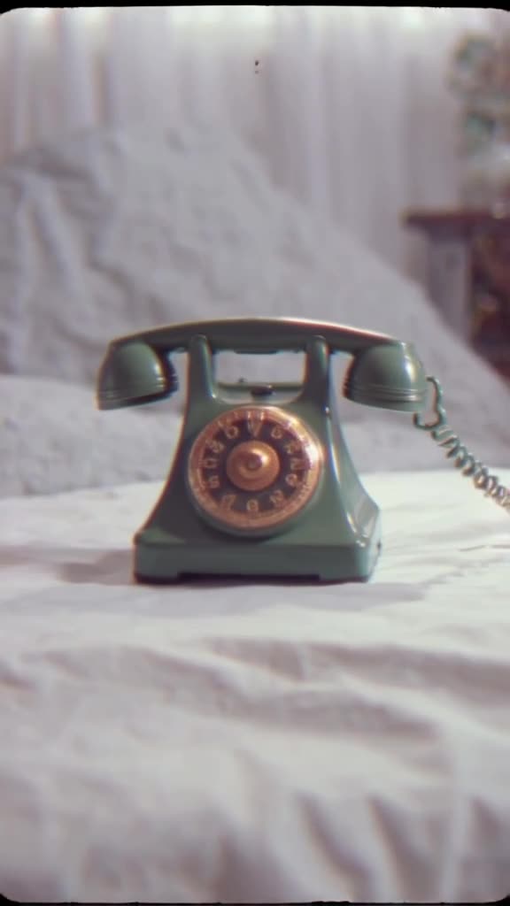 A vintage rotary phone sits on a bed of white quartz. The receiver lifts itself up, and i…