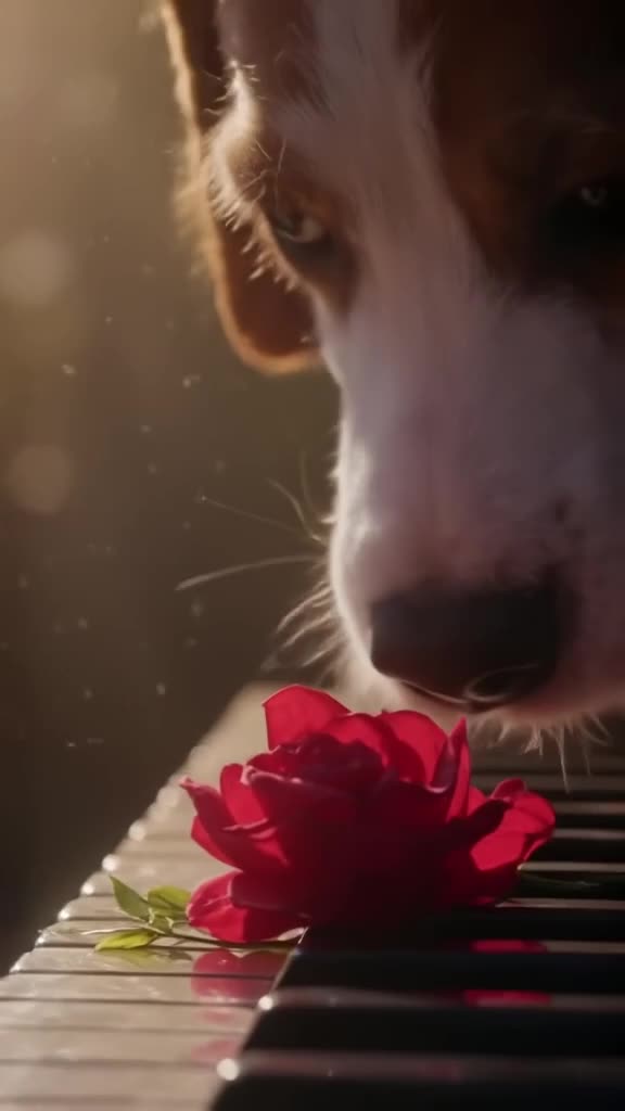 An adorable Beagle sniffs a single red rose placed delicately on a piano key. Dust partic…