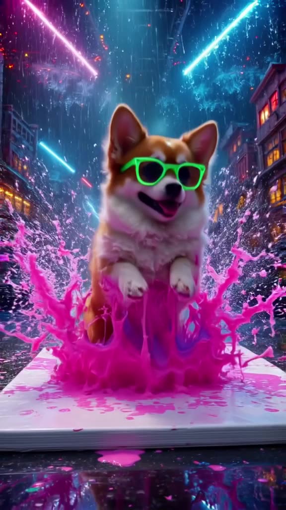 A fluffy corgi wearing oversized neon sunglasses stands on a backflip in slow motion, spl…