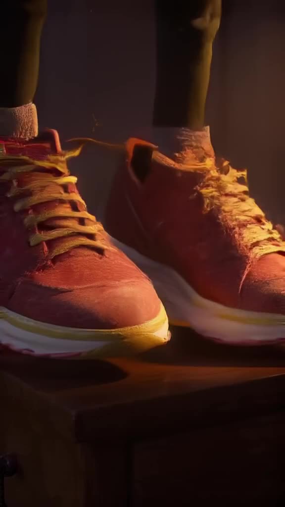 A pair of running shoes on a nightstand tap their laces together excitedly, high-fiving w…