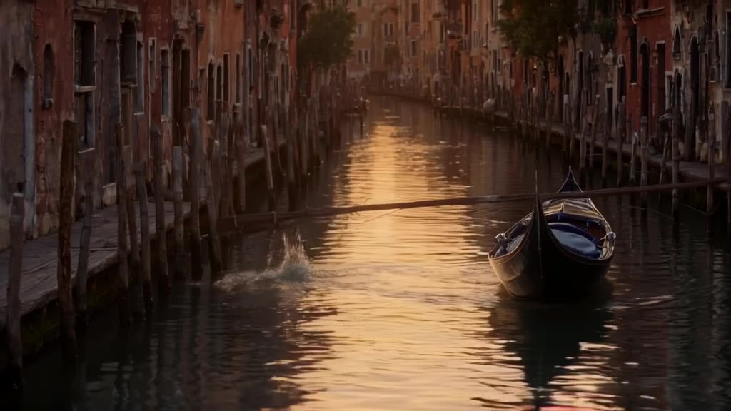 Venice canals at dusk, water shimmering. A giant pair of chopsticks lifts a gondola out o…