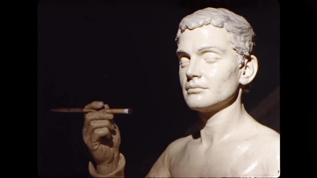 An old-fashioned wax figure holds a paintbrush. It blinks, then accidentally smears its o…