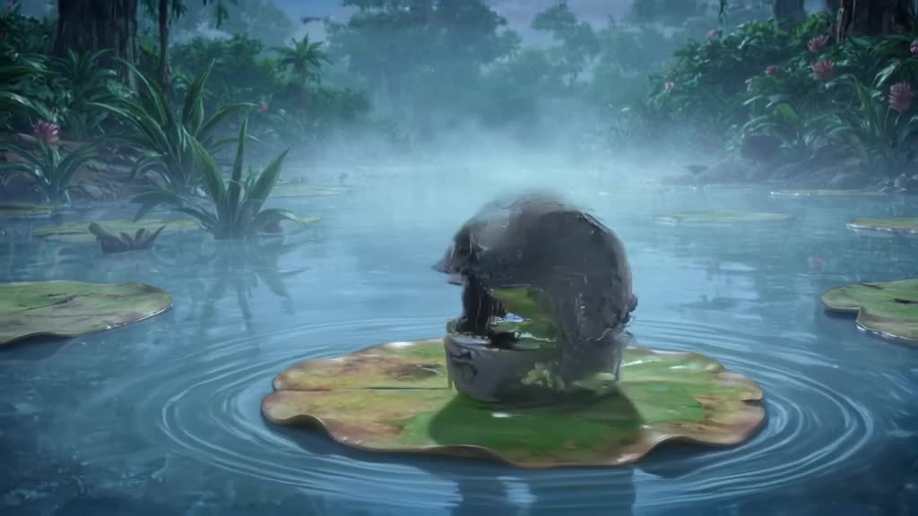 POV: A frog is using a motorcycle helmet as a lily pad. It hops gently onto it, creating …