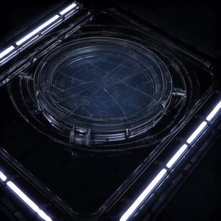 A futuristic visor lies on a mirror. It activates, projecting a holographic map that grow…