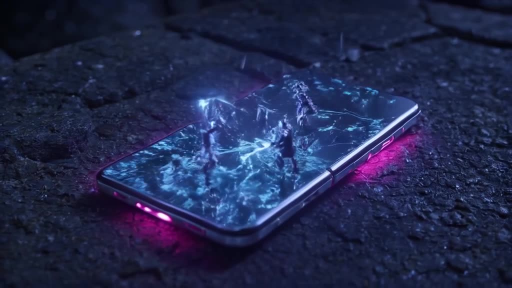 A sleek, modern smartphone lies on a stone wall. The screen cracks, but instead of glass …
