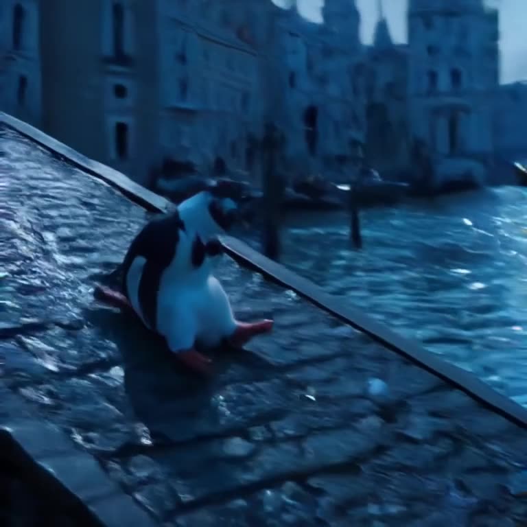 A penguin in a tuxedo slides down a wet cobblestone ramp into the Grand Canal. It lands p…