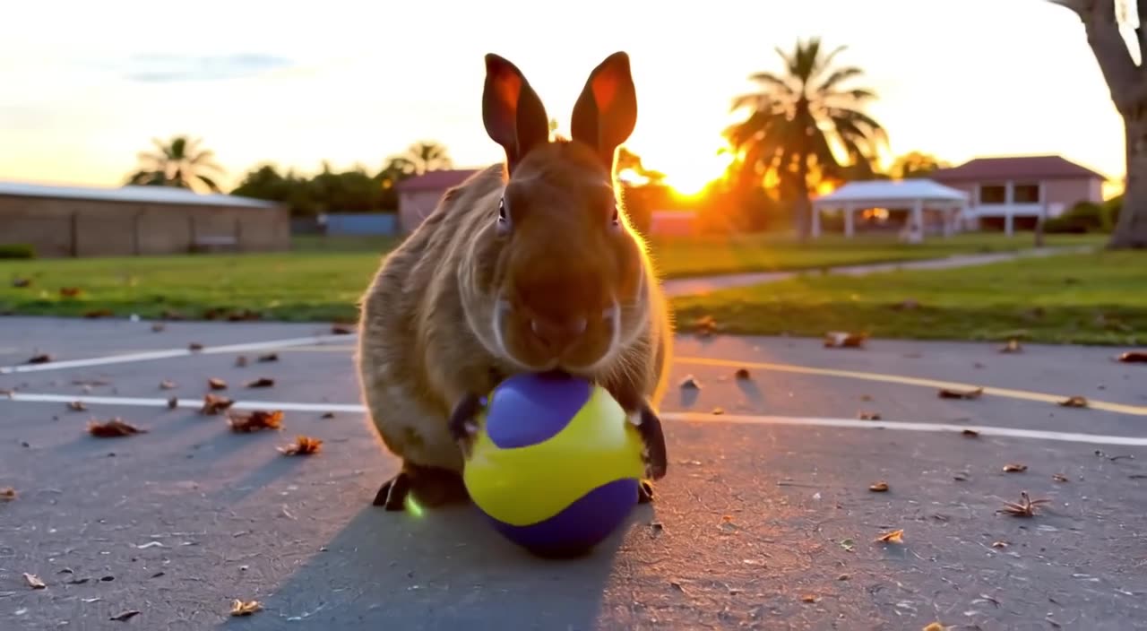 A Capybara sits calmly on the court, dribbling a ball with its nose. It looks zen while c…