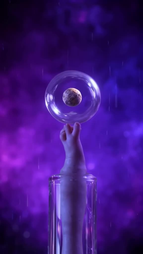 Extreme close-up of a tiny hand blowing into a glass pipe, creating a bubble that floats …