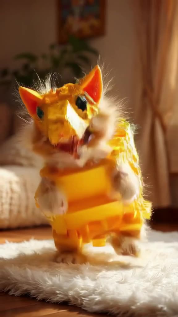 A kitten in a oversized yellow LEGO dinosaur costume tries to do a backflip on a plush wh…