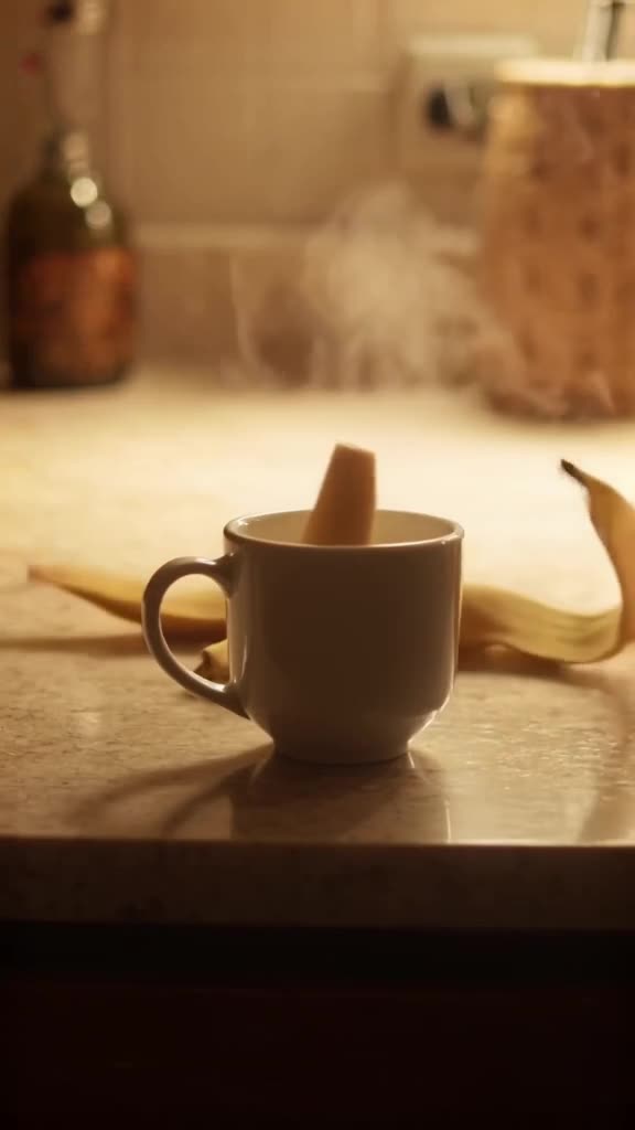 A banana peels itself slowly, making a satisfying 'squelch' sound, then takes a bite out …