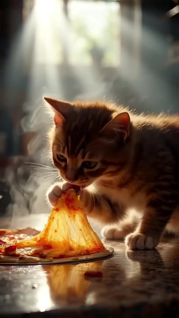 A kitten gently places its paw on a steaming slice of cheese pizza. The cheese stretches …