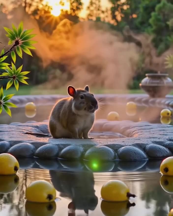A capybara sits serenely in a hot spring, surrounded by floating yuzu fruits. Steam rises…