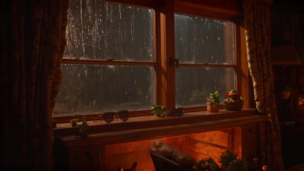 Cozy cabin interior, rain streaks down a large window where vintage sunglasses rest on a …