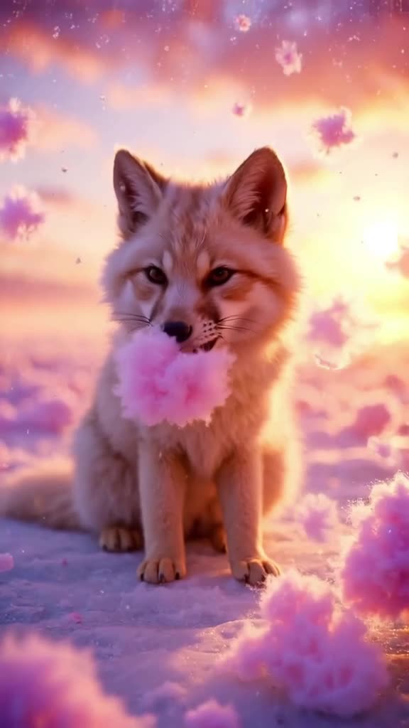 A fluffy Arctic fox sits calmly on a glacier while pink cotton candy snow falls softly ar…