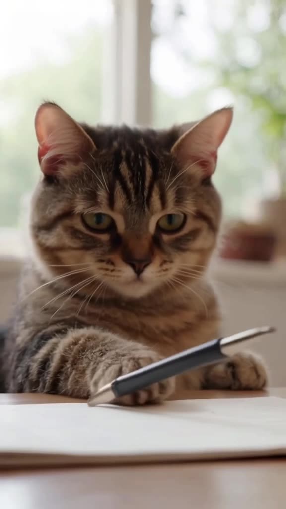 A cat writer stares at a blank page, then knocks a pen off the desk. The pen falls in slo…