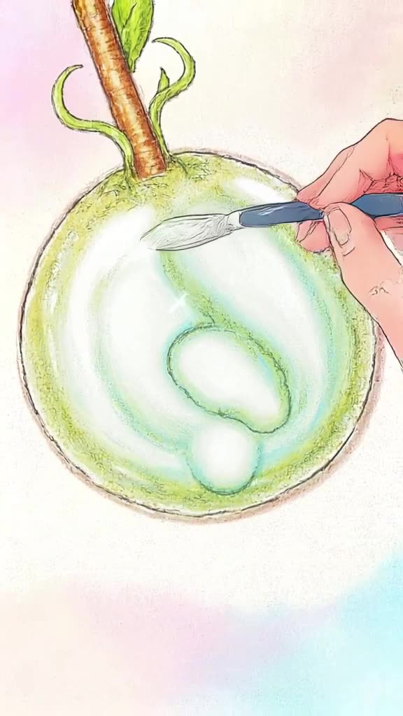 Top-down view of a tiny artist painting a giant glass grape with a brush. The grape wiggl…