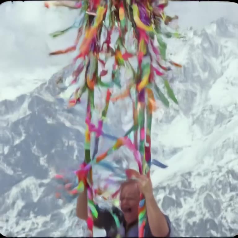 A senior man bungee jumping, but the elastic band is a giant, colorful birthday ribbon. H…