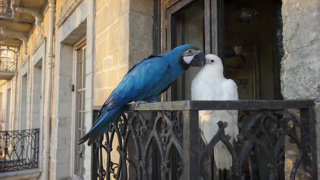 A blue macaw parrot gently preening the feathers of a white dove on a wrought-iron balcon…